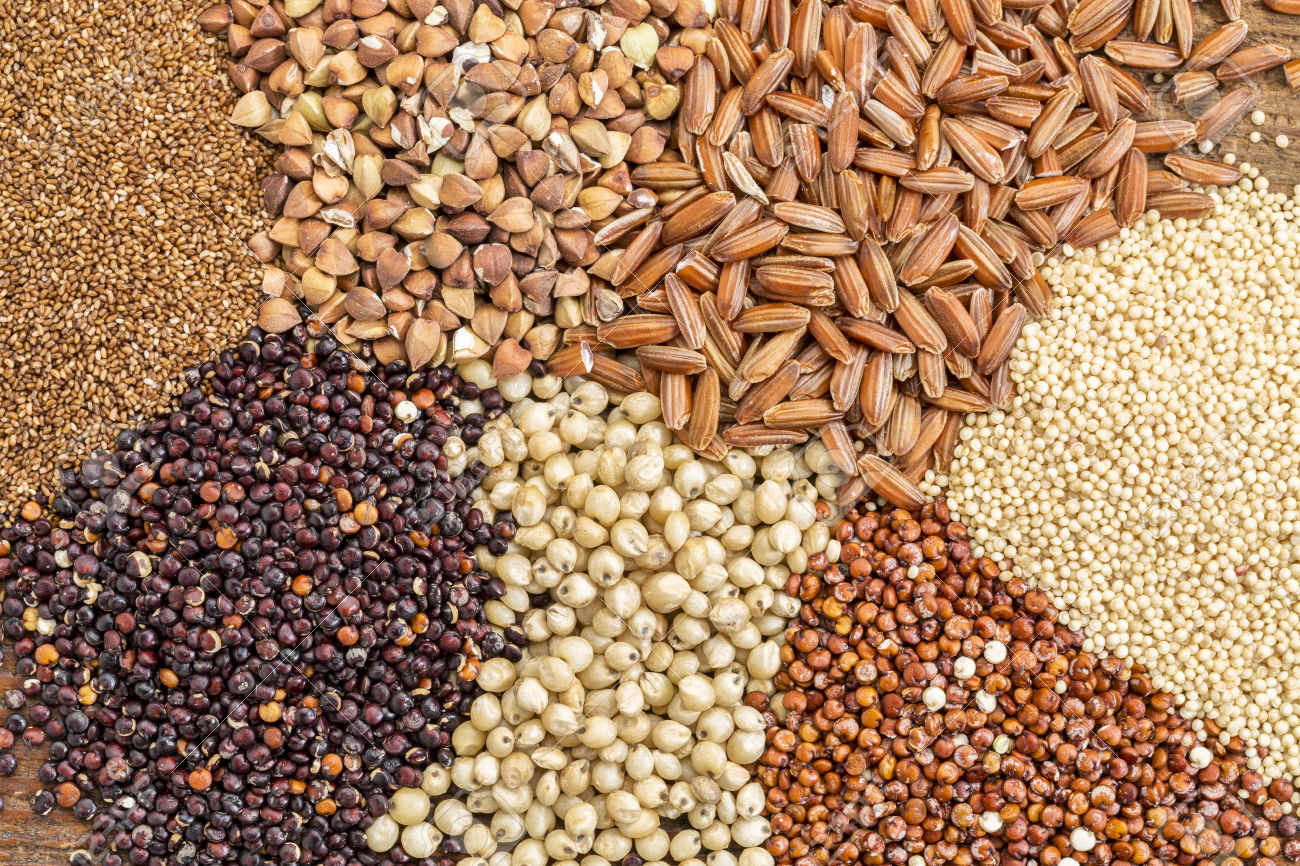 a variety of gluten free grains (buckwheat, amaranth, brown rice, millet, sorghum, teff, red quinoa) i- top view